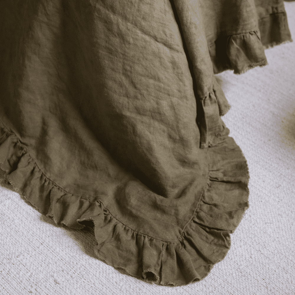 Olive Ruffle Linen Bedspread