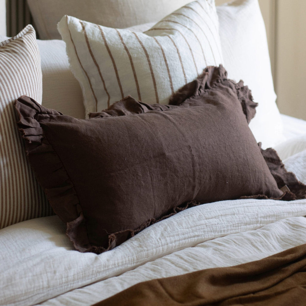 Hallie dark brown ruffle cushion 50x30