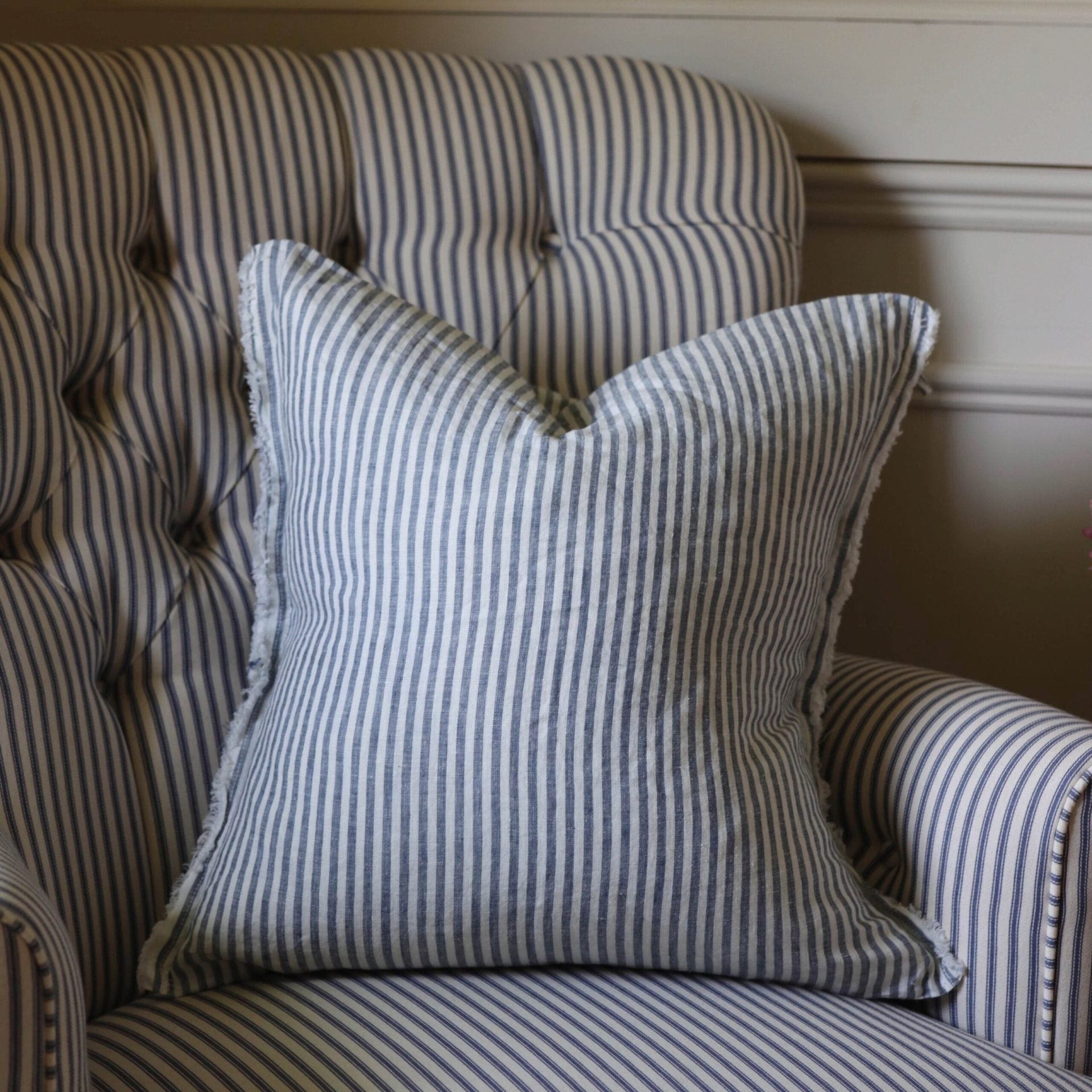 Esmee Navy Stripe Linen Cushion 45x45