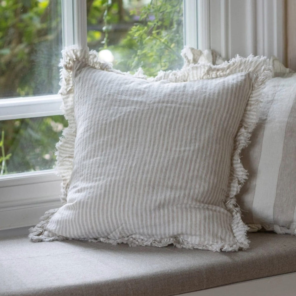 hallie natural beige stripe ruffle cushion