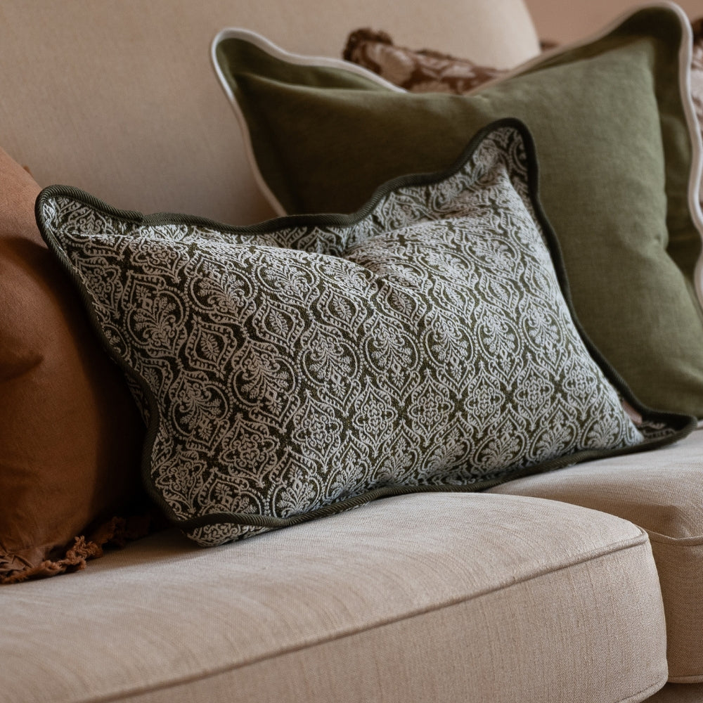 Chloe Olive Print Scalloped Edge Cushion 50x30