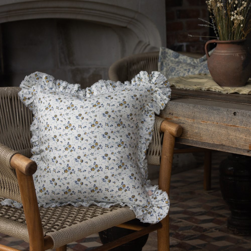Hallie Blue Ditsy Floral Ruffle Cushion 45x45