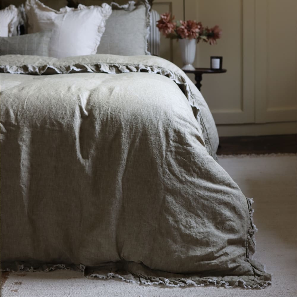 Luxury Washed Olive Ruffle Linen Bedding Set
