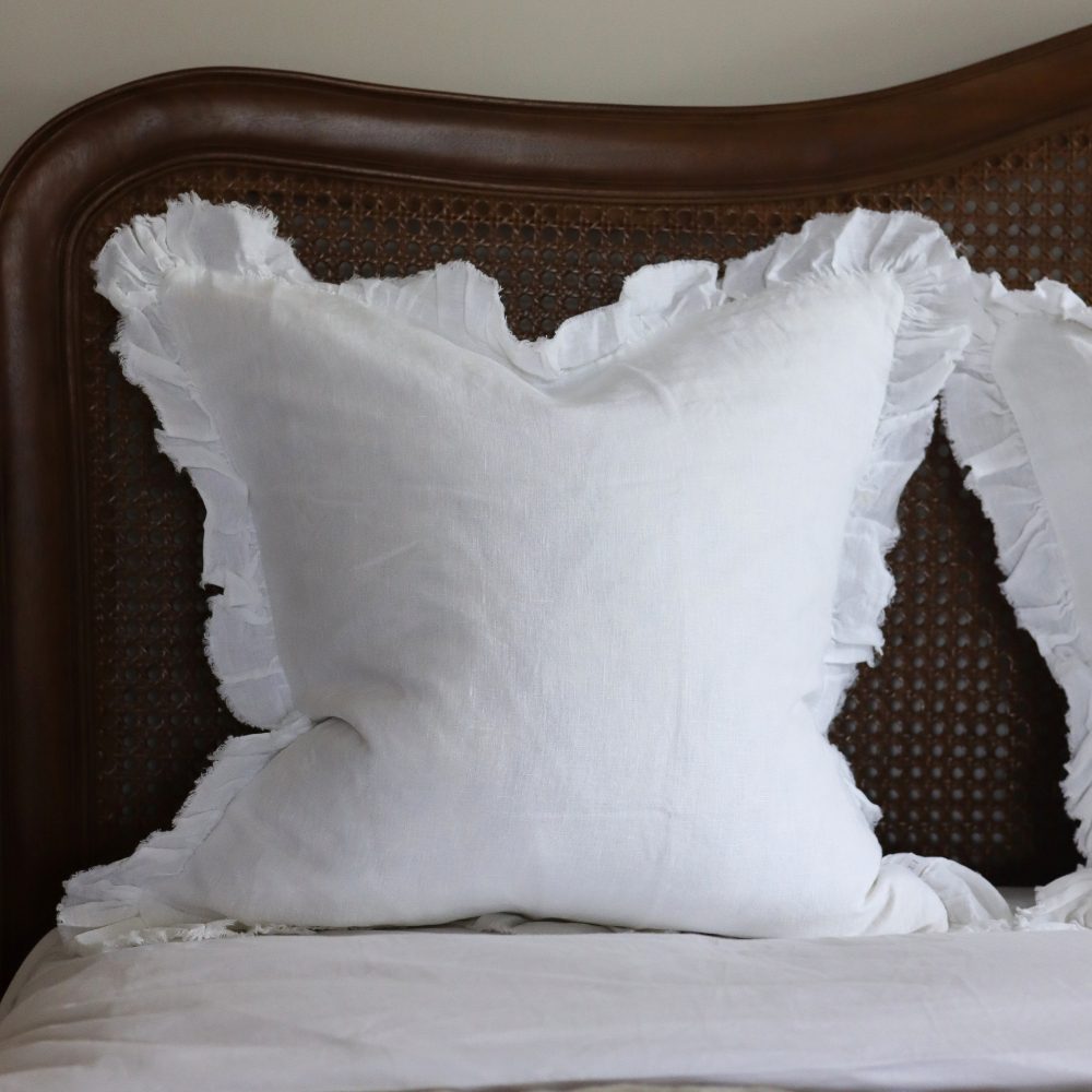 Hallie White Ruffle Linen Cushion 45x45