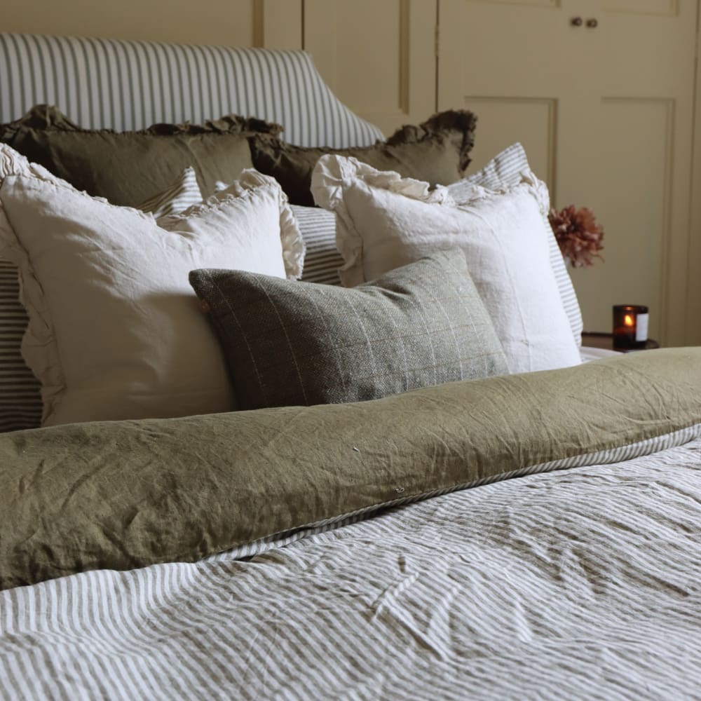 Luxury Olive Stripe Linen Bedding Set