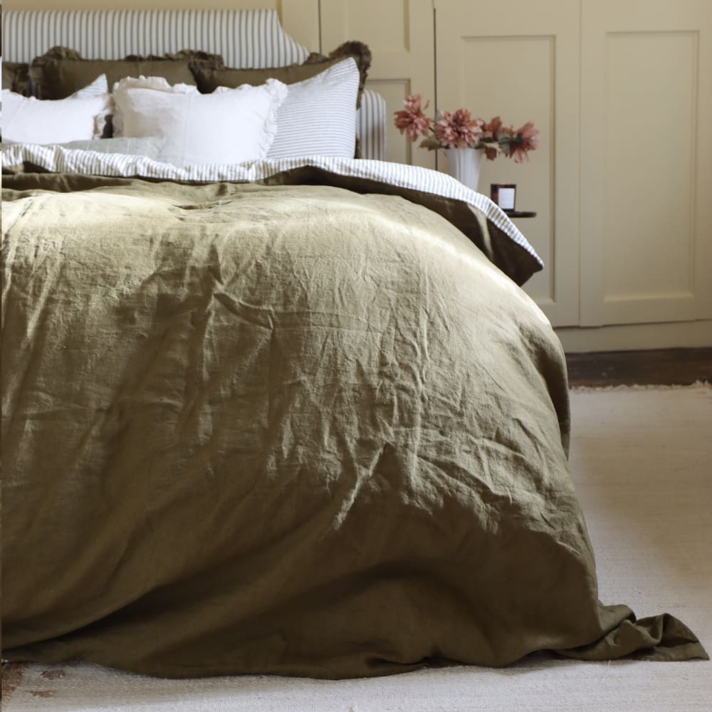 Luxury Olive Stripe Linen Bedding Set
