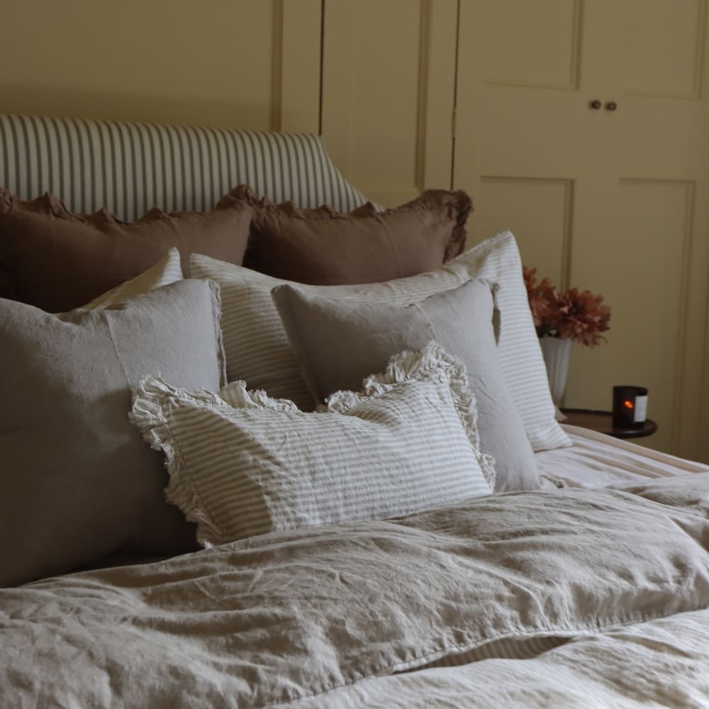 Hallie Natural Beige Stripe Ruffle Cushion 50x30