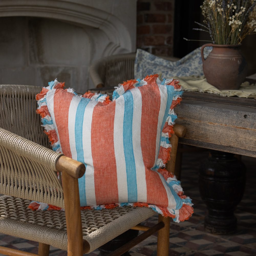 Hallie Coral Stripe Ruffle Cushion 45x45