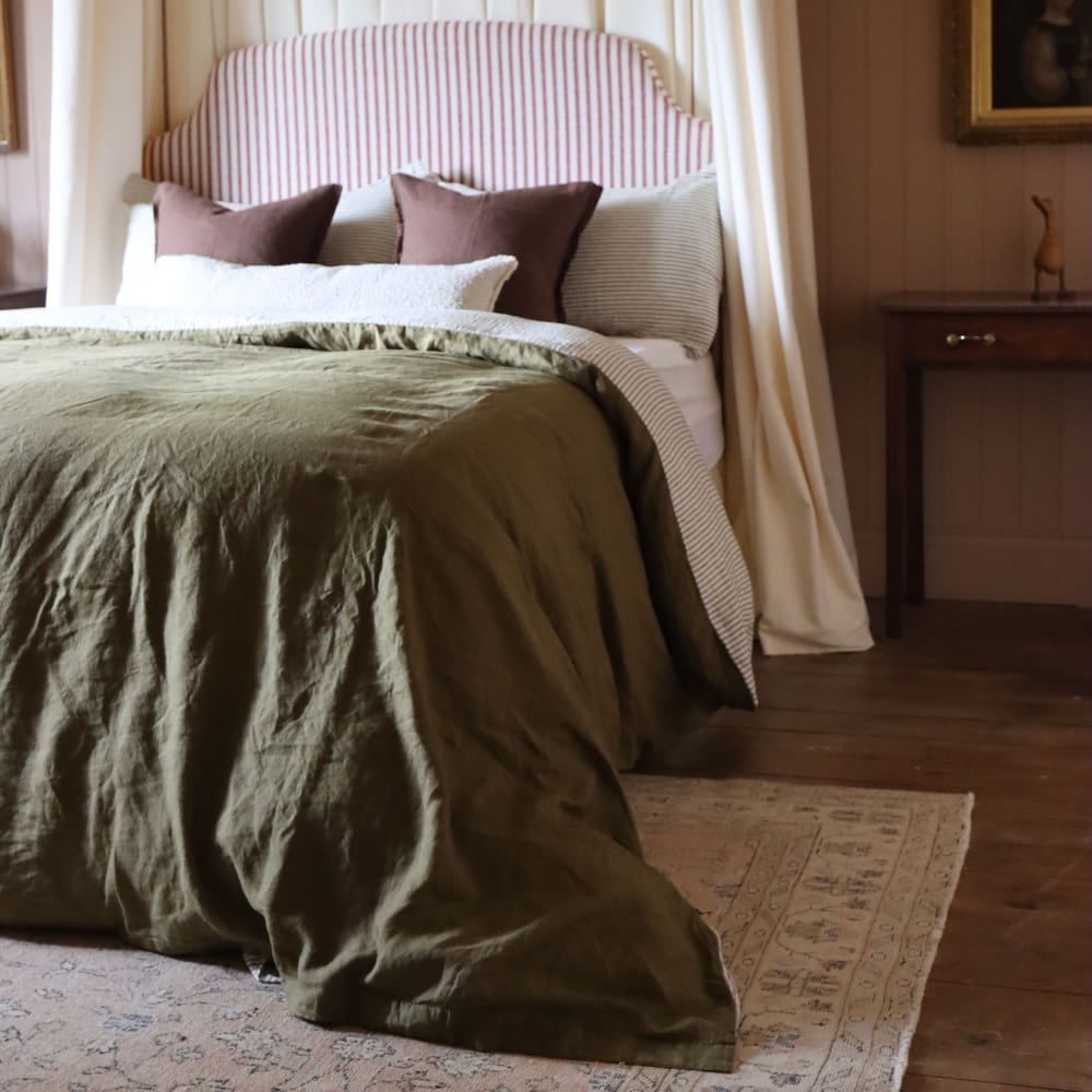 Luxury Olive Stripe Linen Bedding Set