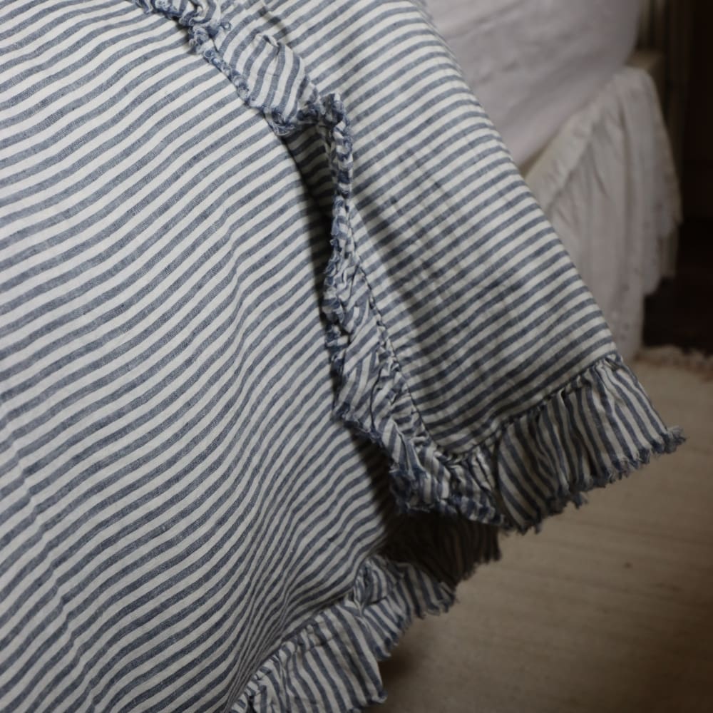 Luxury Navy Stripe Ruffle Linen Bedding Set
