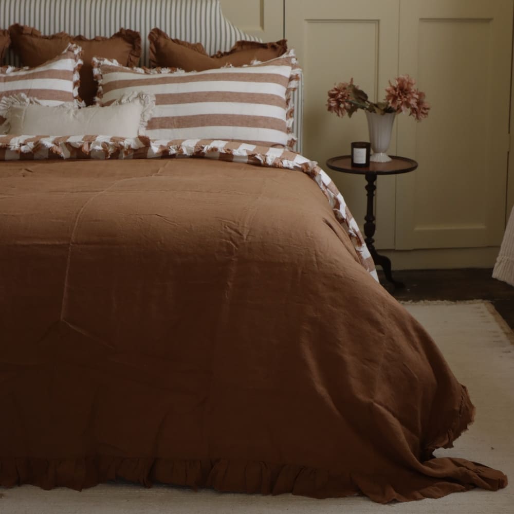 Rust Ruffle Linen Bedspread