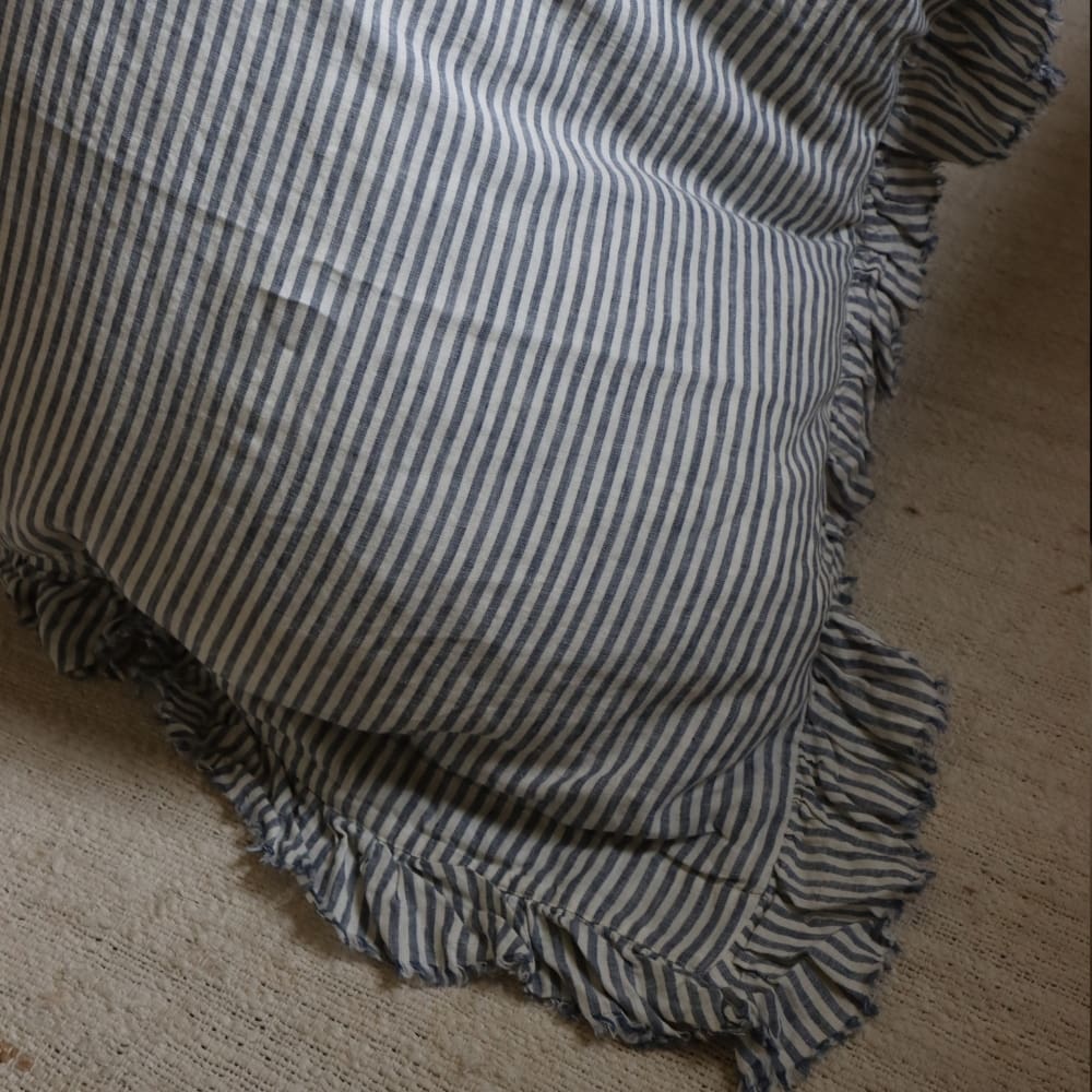 Luxury Navy Stripe Ruffle Linen Bedding Set