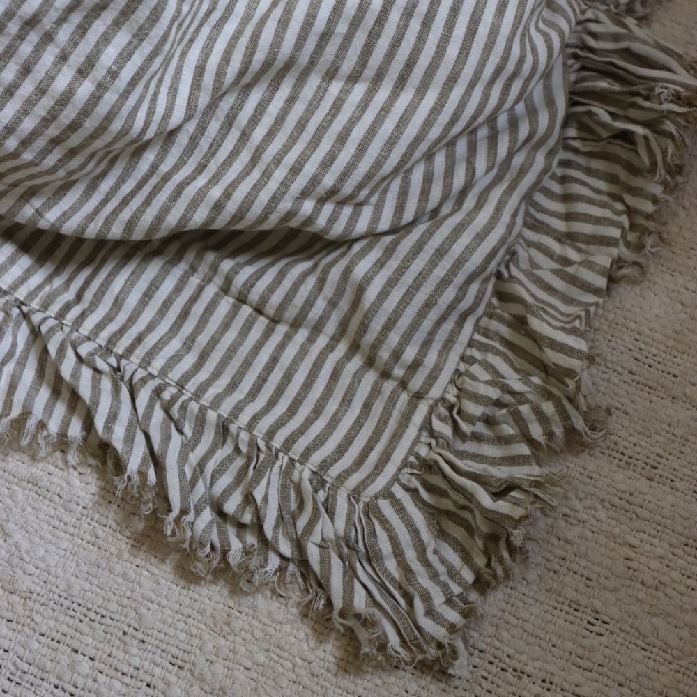 Luxury Olive Stripe Ruffle Linen Bedding Set