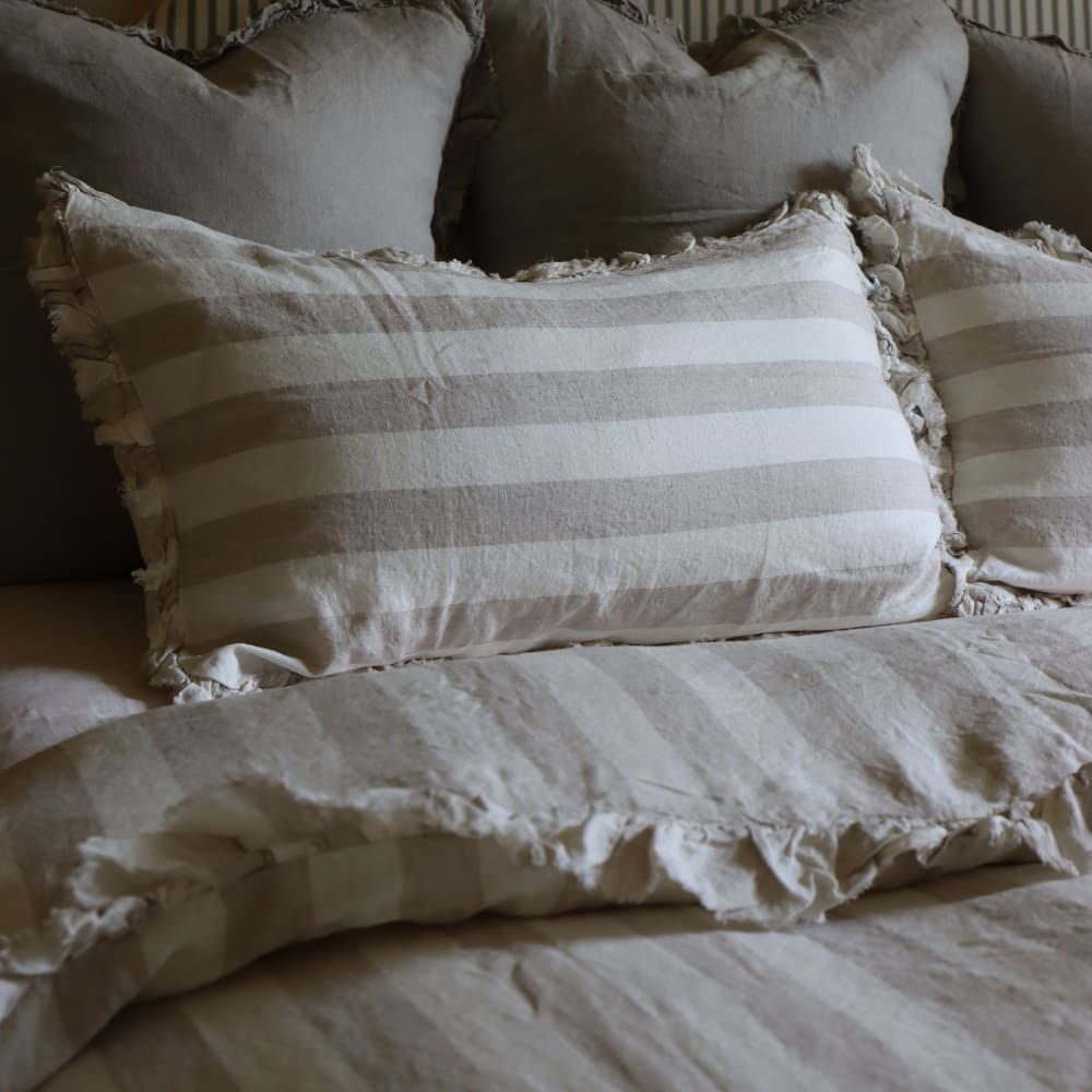 Luxury Natural Beige Stripe Ruffle Linen Bedding Set