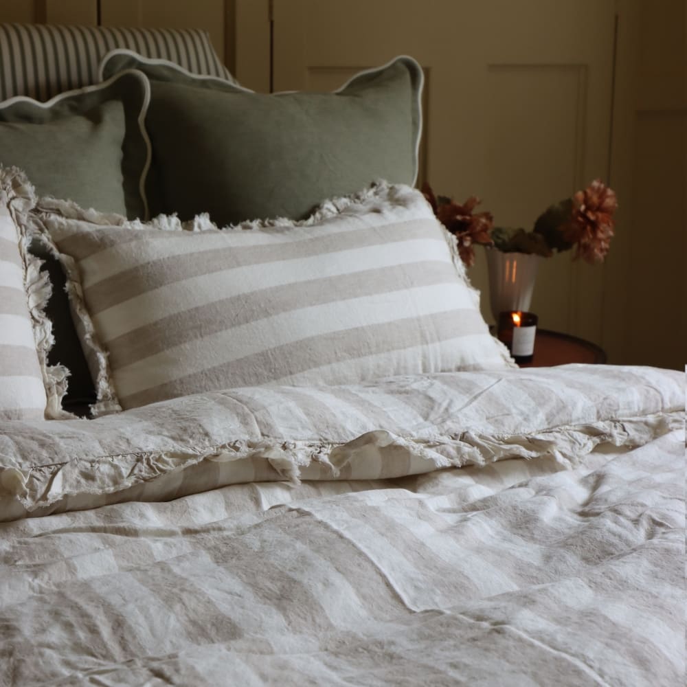 Luxury Natural Beige Stripe Ruffle Linen Bedding Set