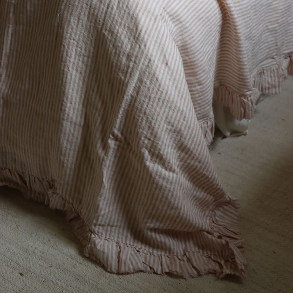 Pink Stripe Ruffle Linen Bedspread