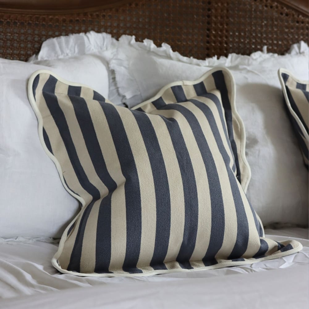 Chloe Navy Stripe Scalloped Edge Cushion 45x45