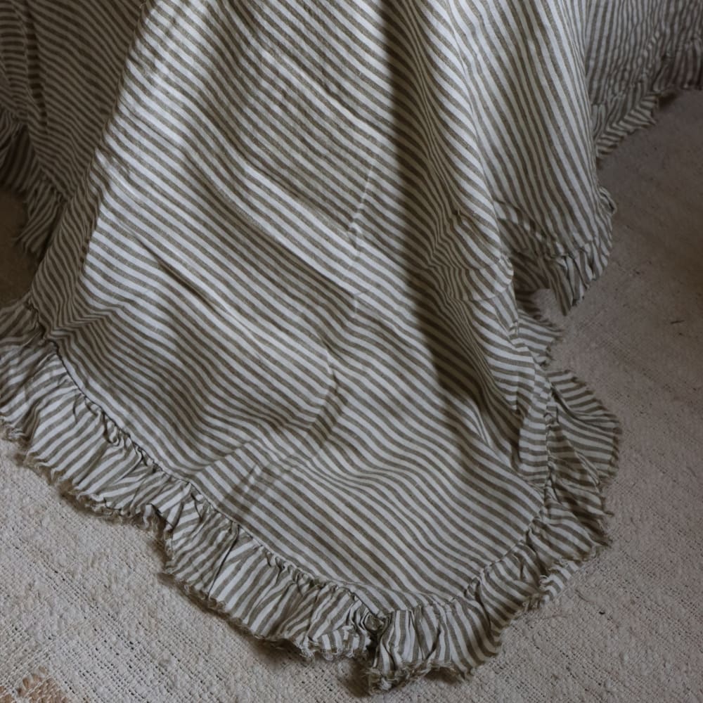 Olive Stripe Ruffle Linen Bedspread