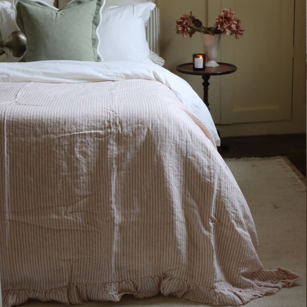 Pink Stripe Ruffle Linen Bedspread