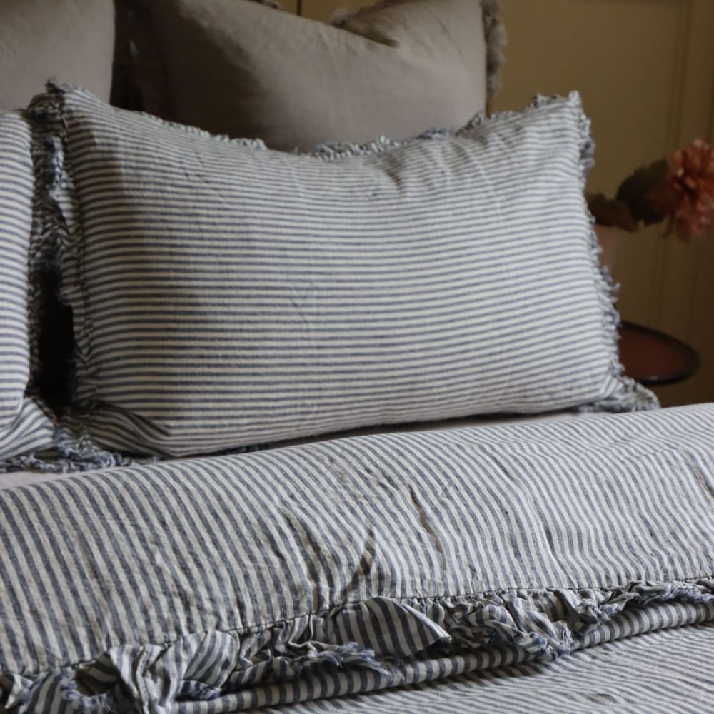 Luxury Navy Stripe Ruffle Linen Bedding Set