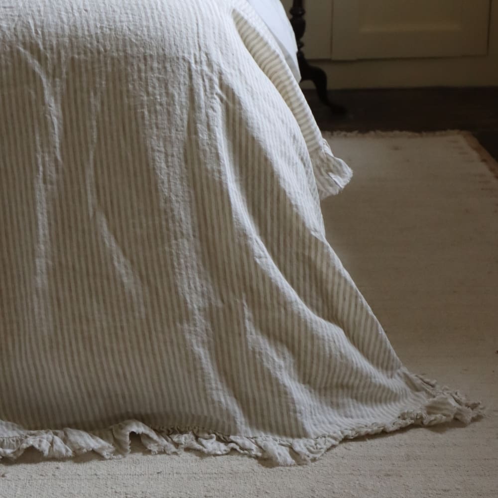 Natural Beige Stripe Ruffle Linen Bedspread