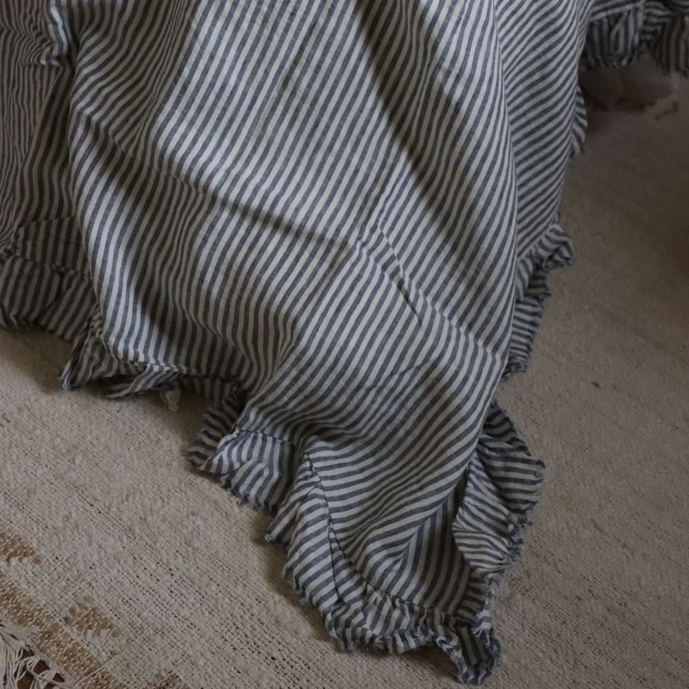 Navy Stripe Ruffle Linen Bedspread