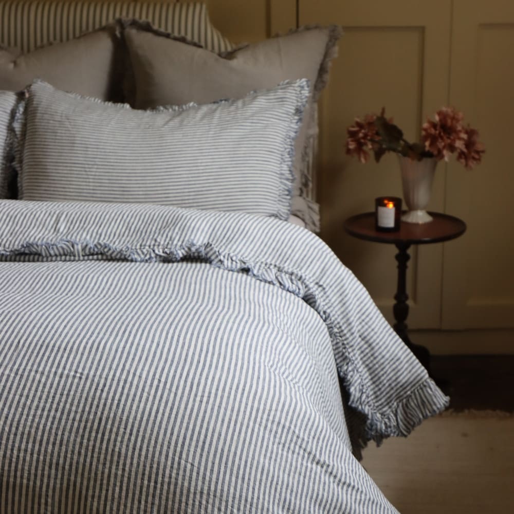 Luxury Navy Stripe Ruffle Linen Bedding Set