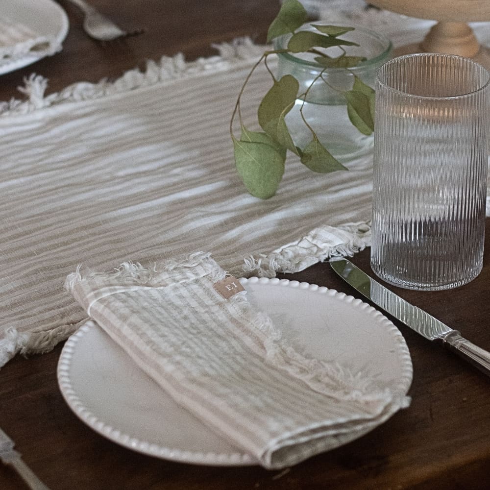 Natural Beige Stripe Ruffle Table Runner