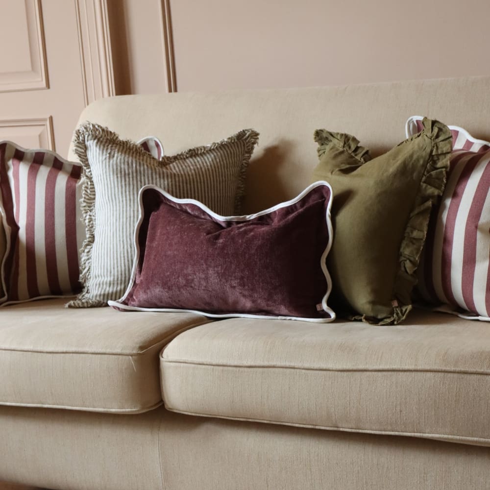 Hallie Olive Green Stripe Ruffle Cushion 45x45