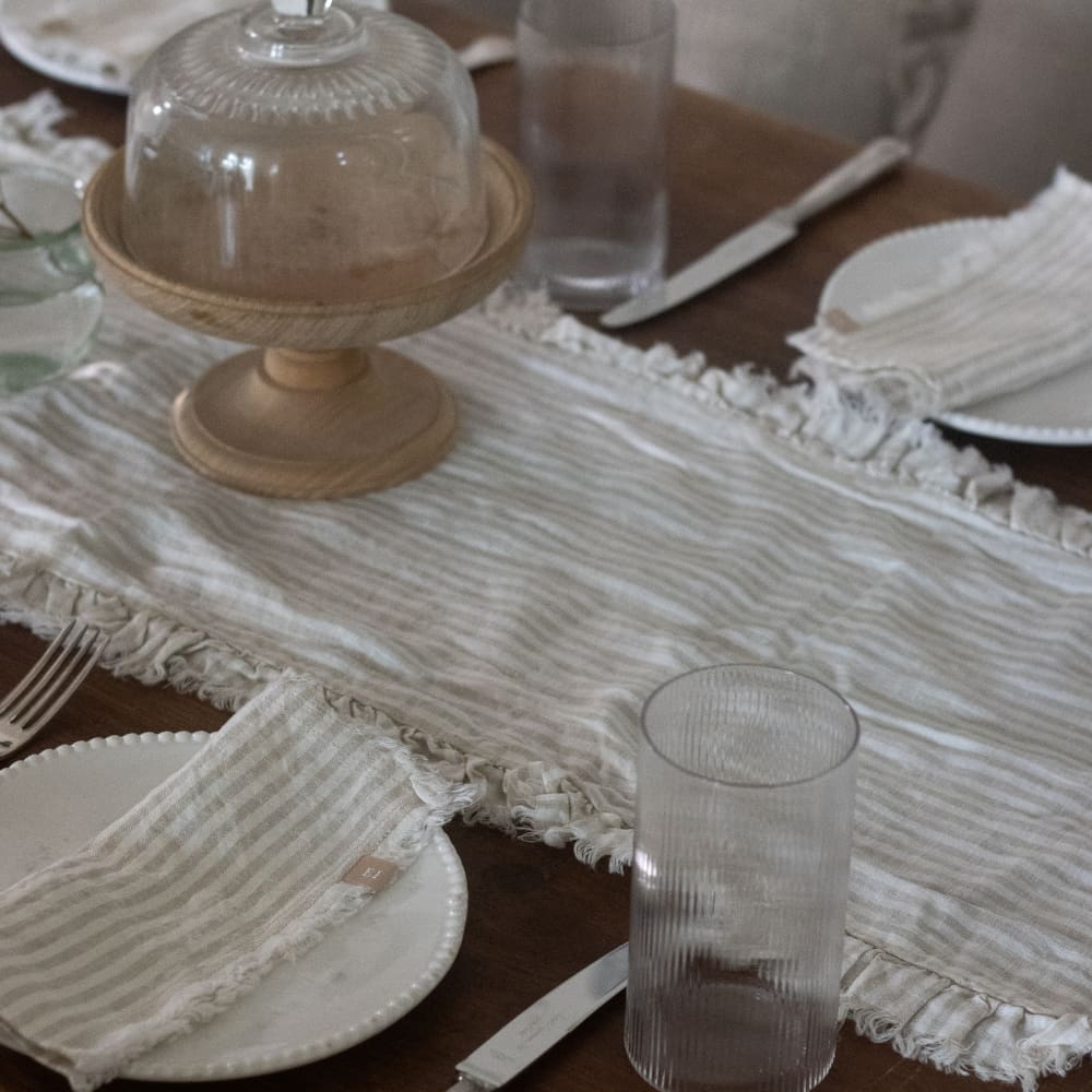 Natural Beige Stripe Ruffle Table Runner