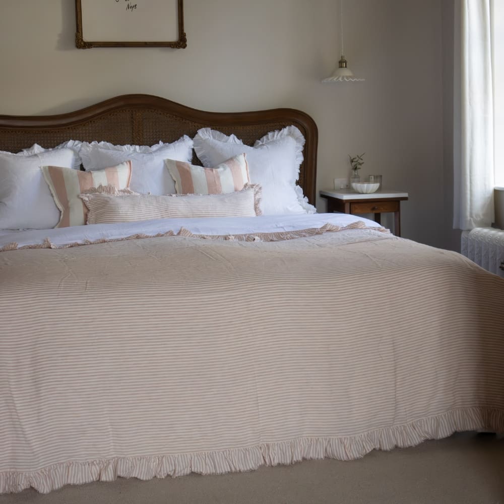 Pink Stripe Ruffle Linen Bedspread