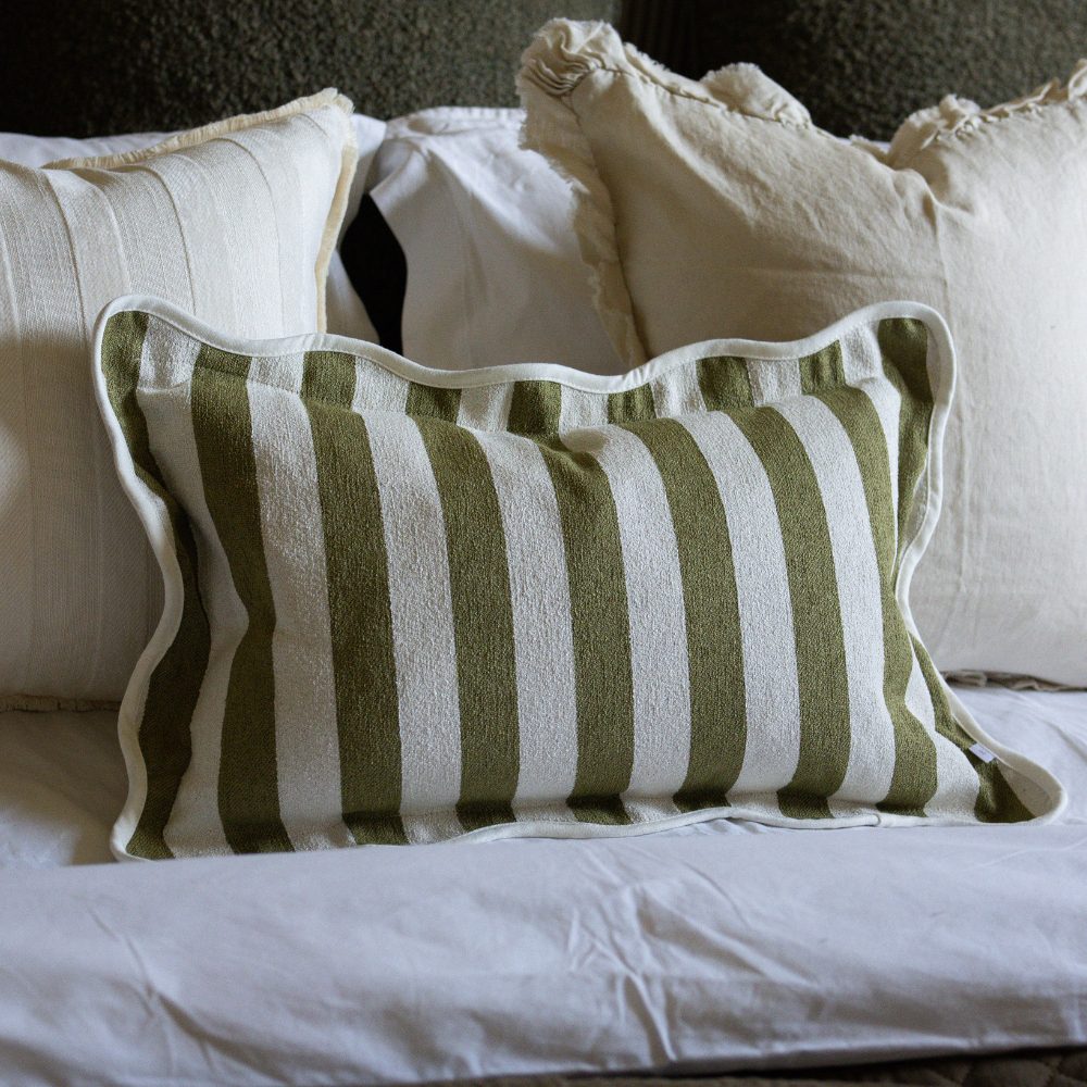 Chloe Olive Green Stripe Scalloped Edge Cushion 50x30
