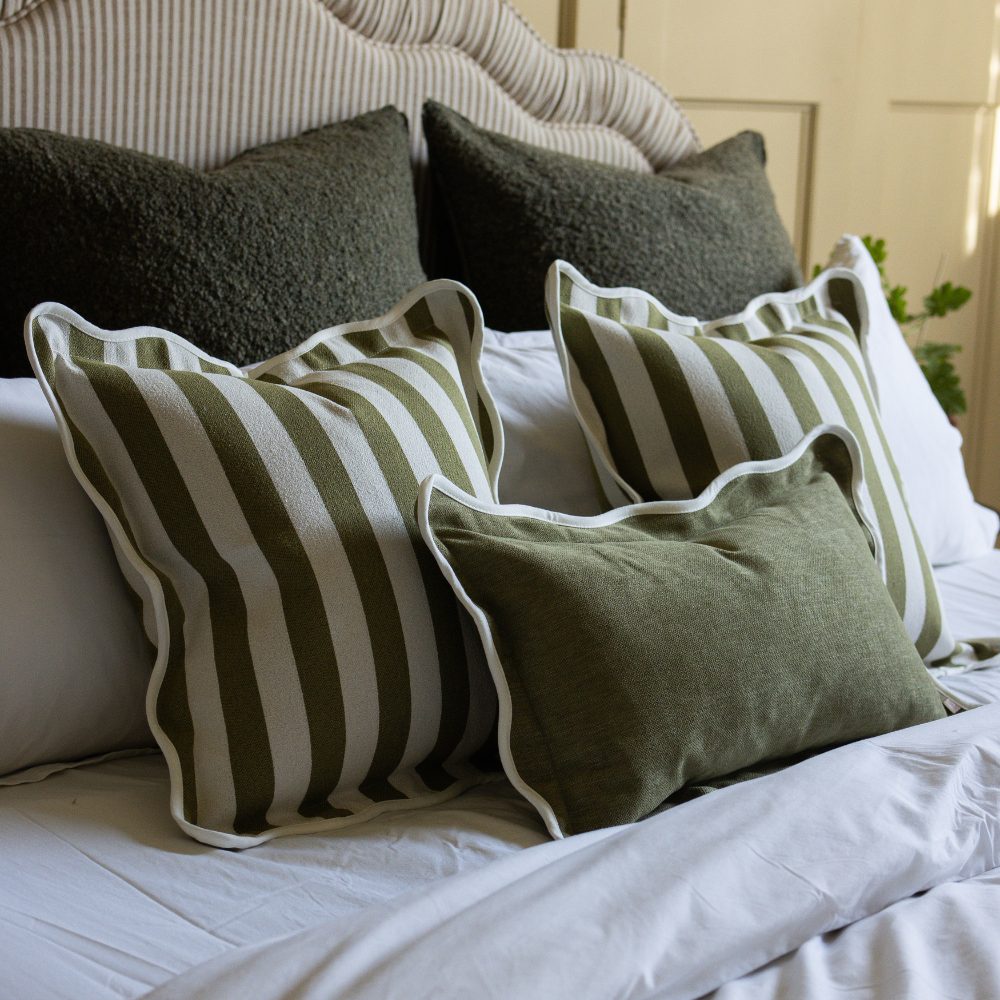 Chloe Olive Green Stripe Scalloped Edge Cushion 45x45