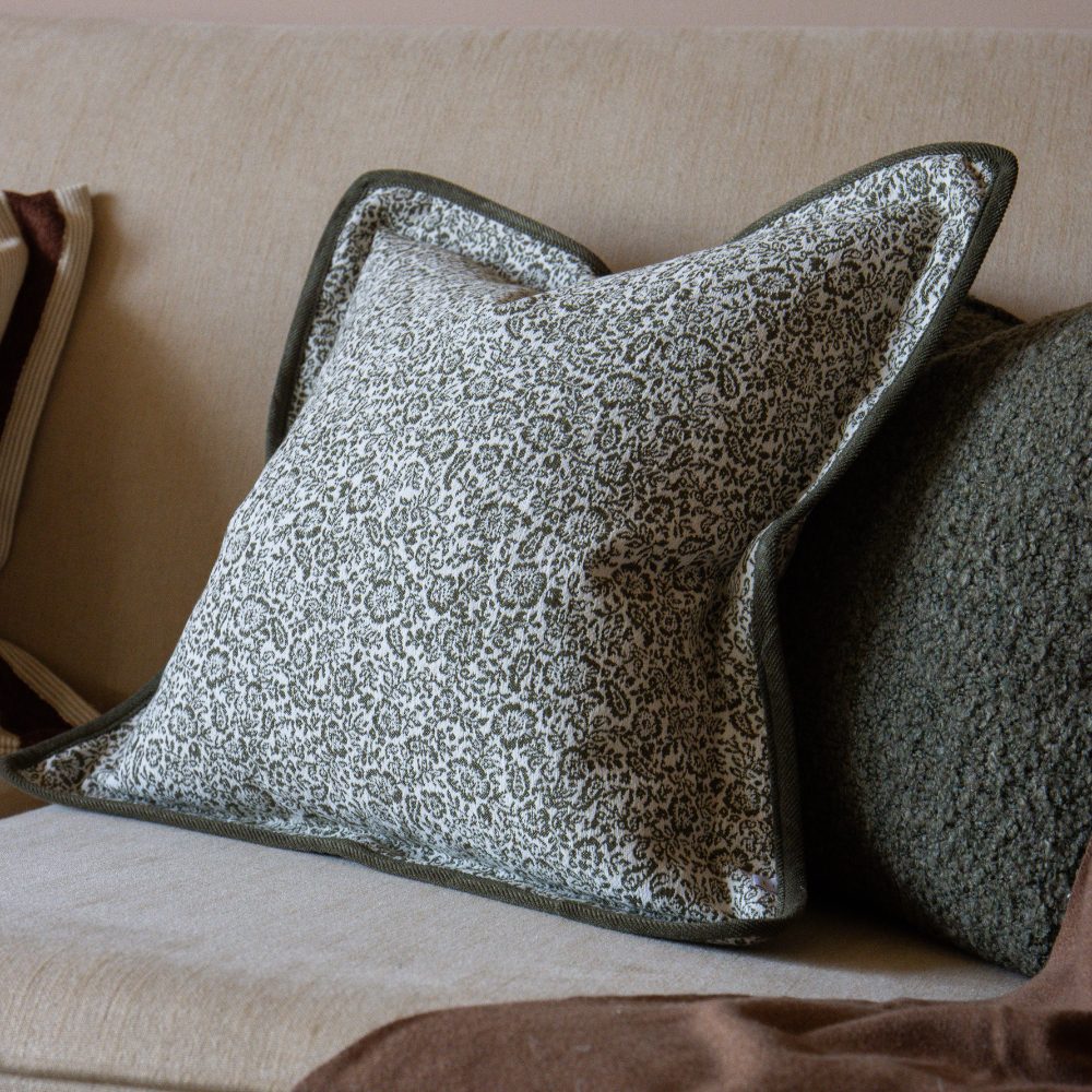 Fleur Olive Green Floral Flanged Edge Cushion 45x45