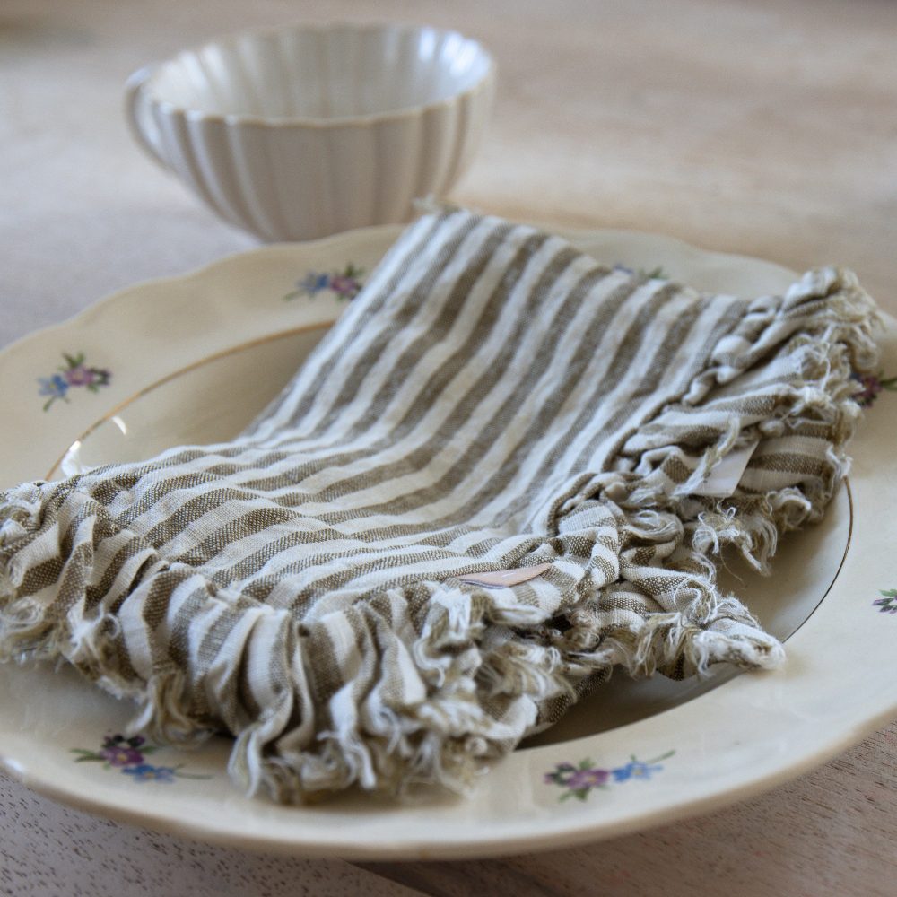 Olive Stripe Ruffle Linen Napkins