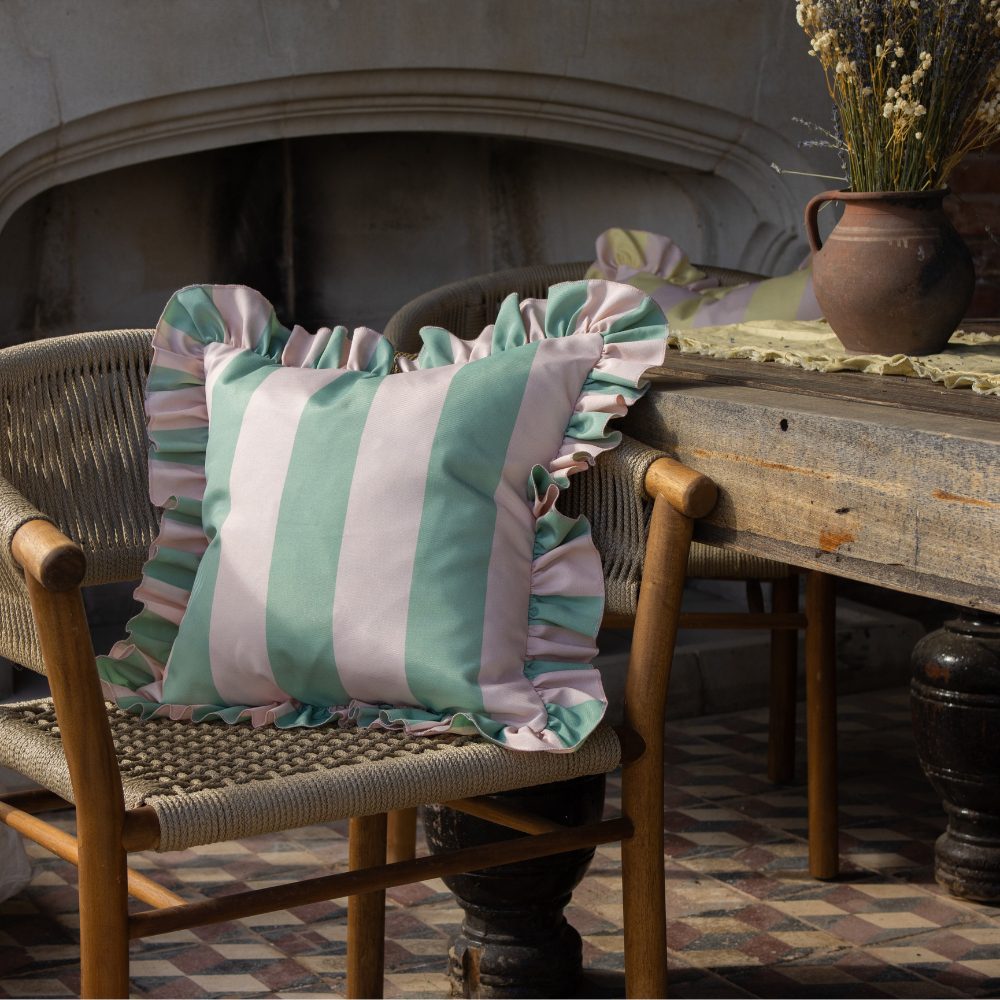 Outdoor Sage & Pink Ruffle Cushion 45x45