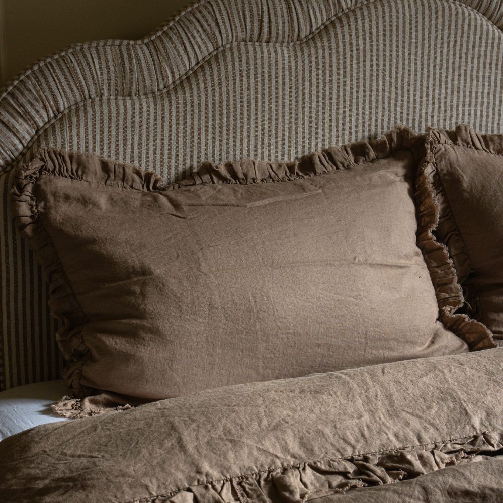 Luxury Coffee Brown Ruffle Linen Bedding Set