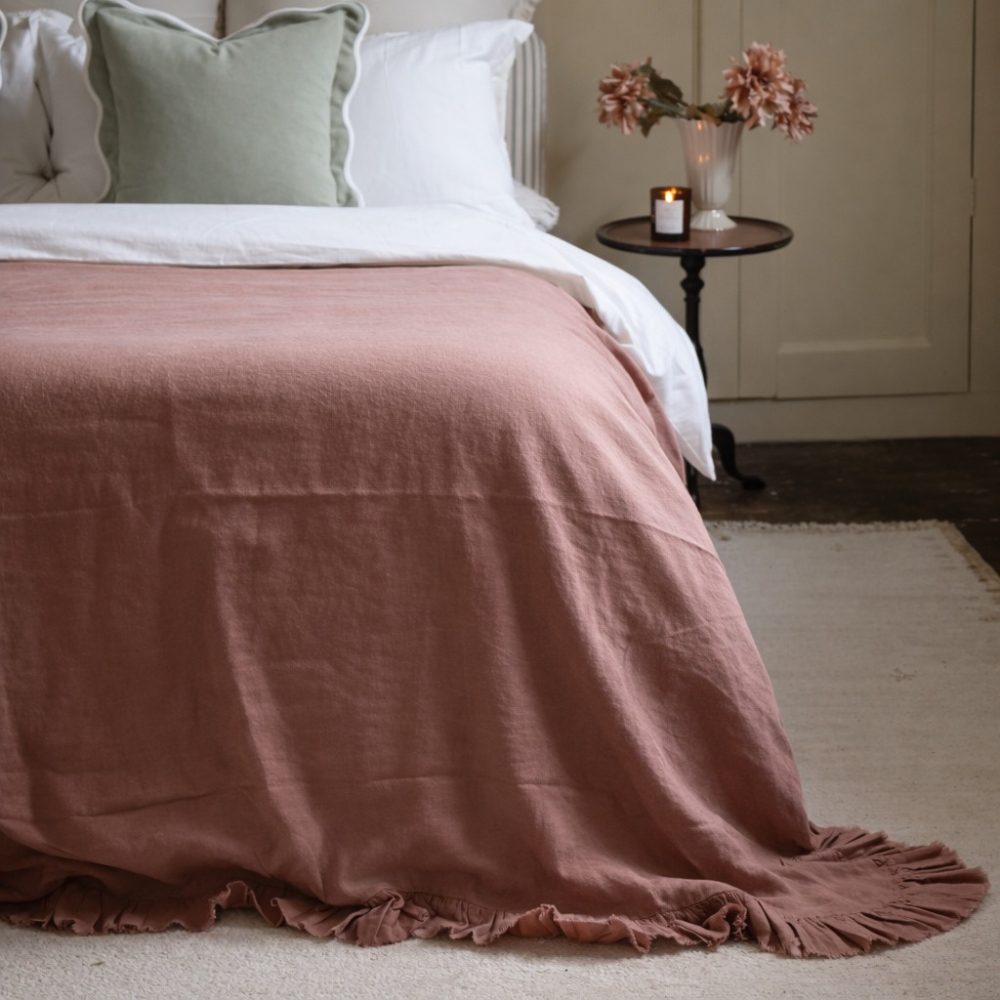 Dusty Pink Ruffle Linen Bedspread
