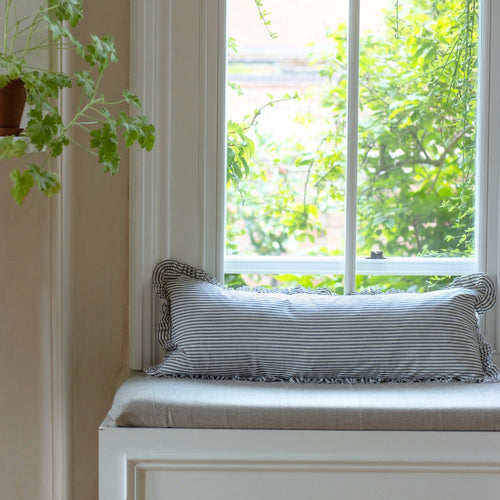 Darcy Navy Stripe Ruffle Bolster Cushion 80x30
