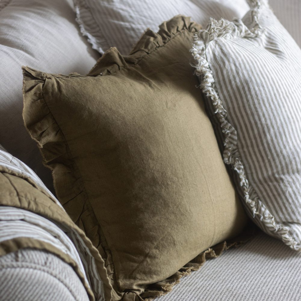 Hallie Olive Green Ruffle Cushion 45x45