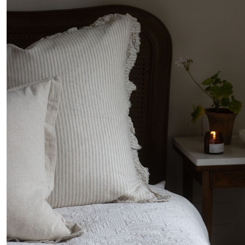 Hallie Natural Beige Stripe Ruffle Cushion 65x65