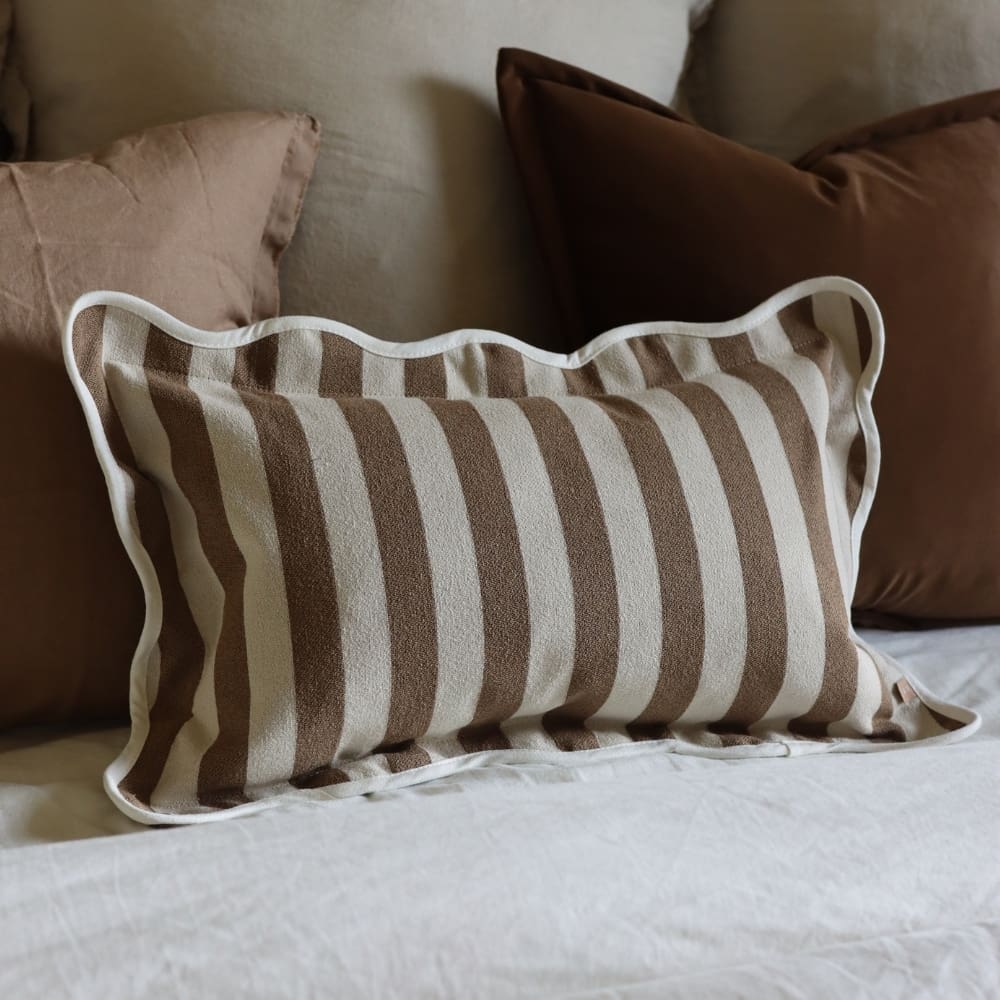 Chloe Brown Stripe Scalloped Edge Cushion 50x30