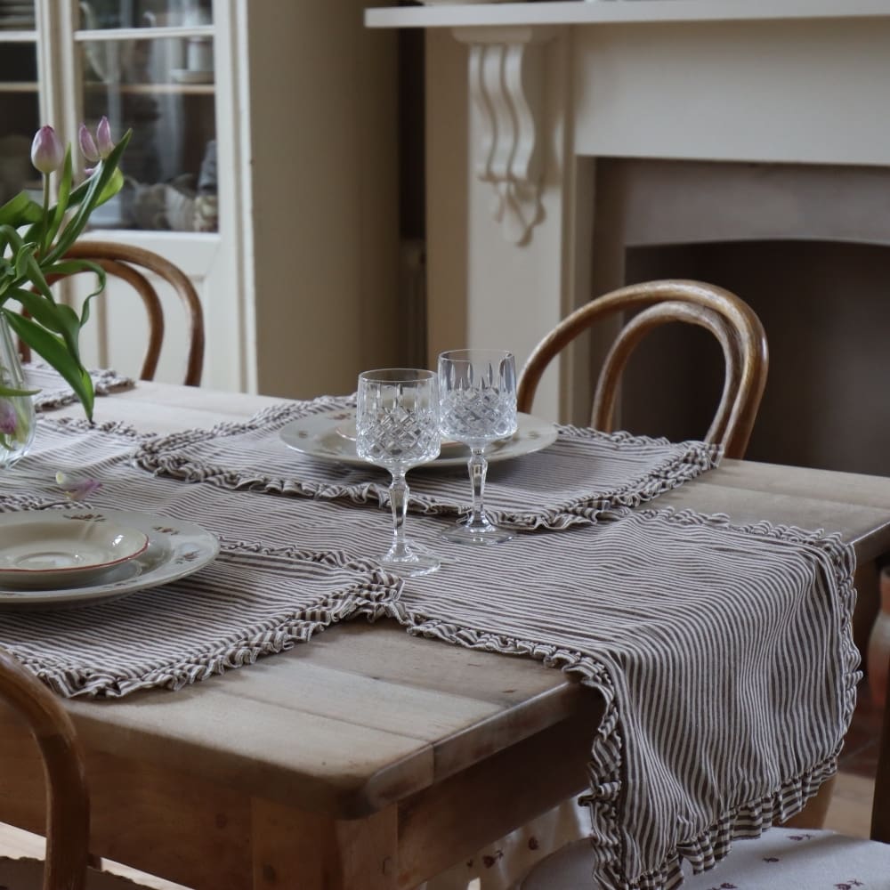 Dark Brown Stripe Ruffle Table Runner