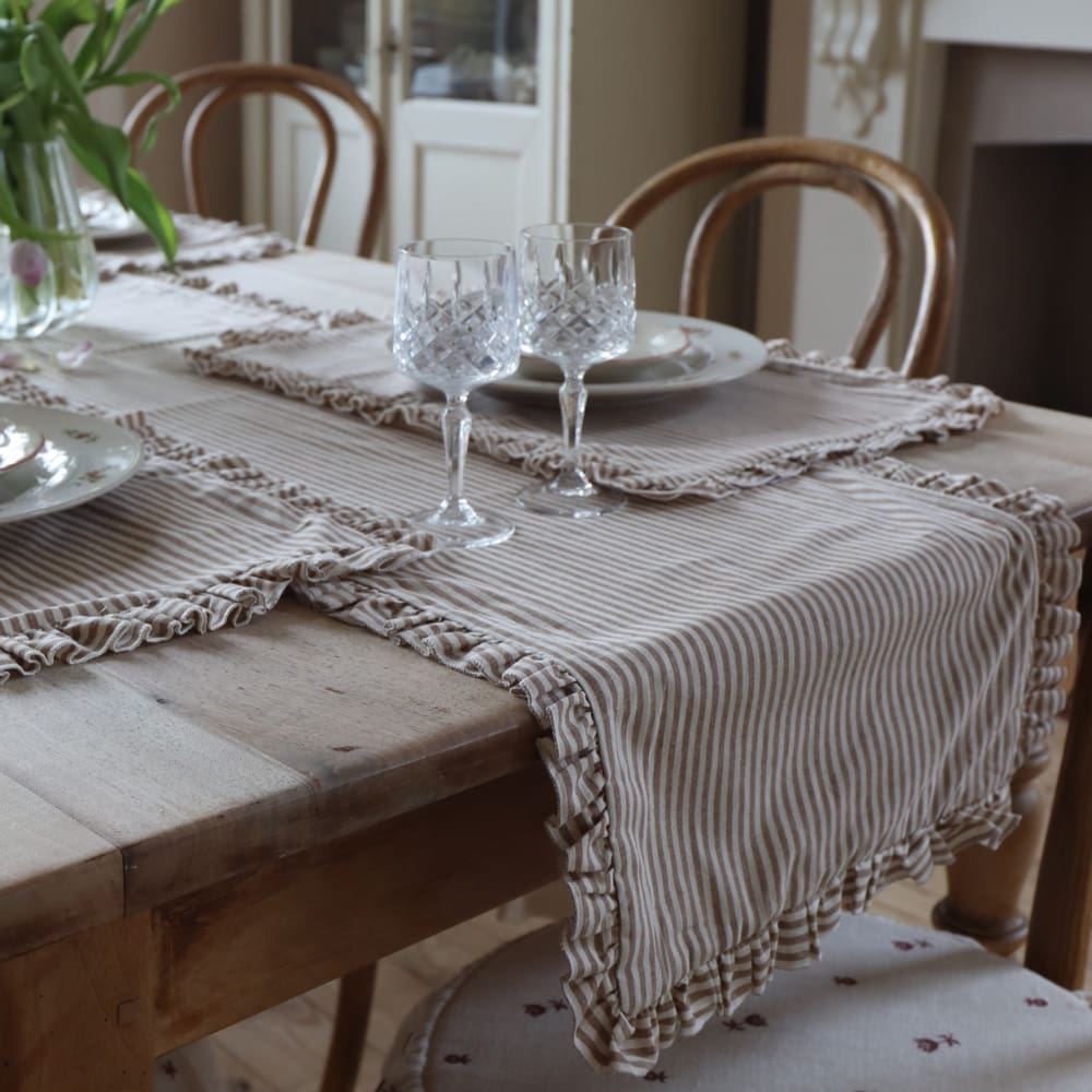 Brown Stripe Ruffle Table Runner
