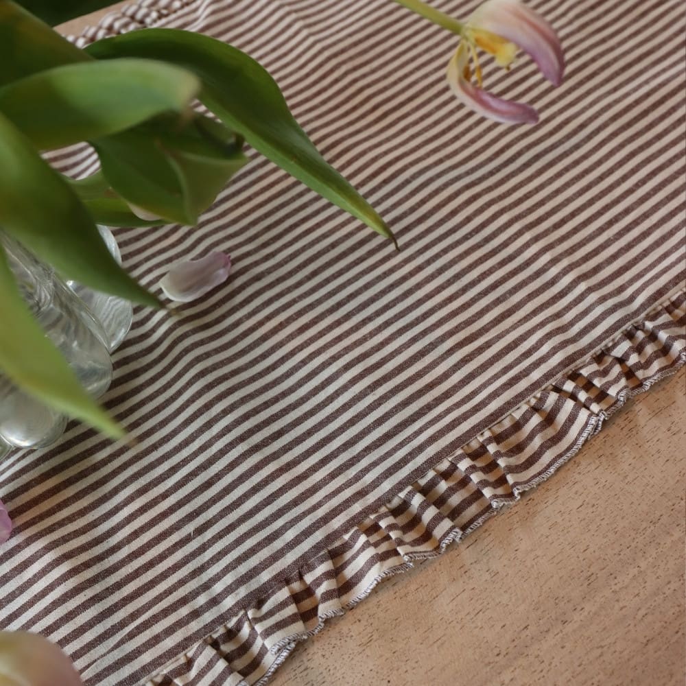 Dark Brown Stripe Ruffle Table Runner
