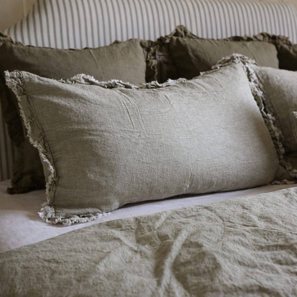 Luxury Washed Olive Ruffle Linen Bedding Set