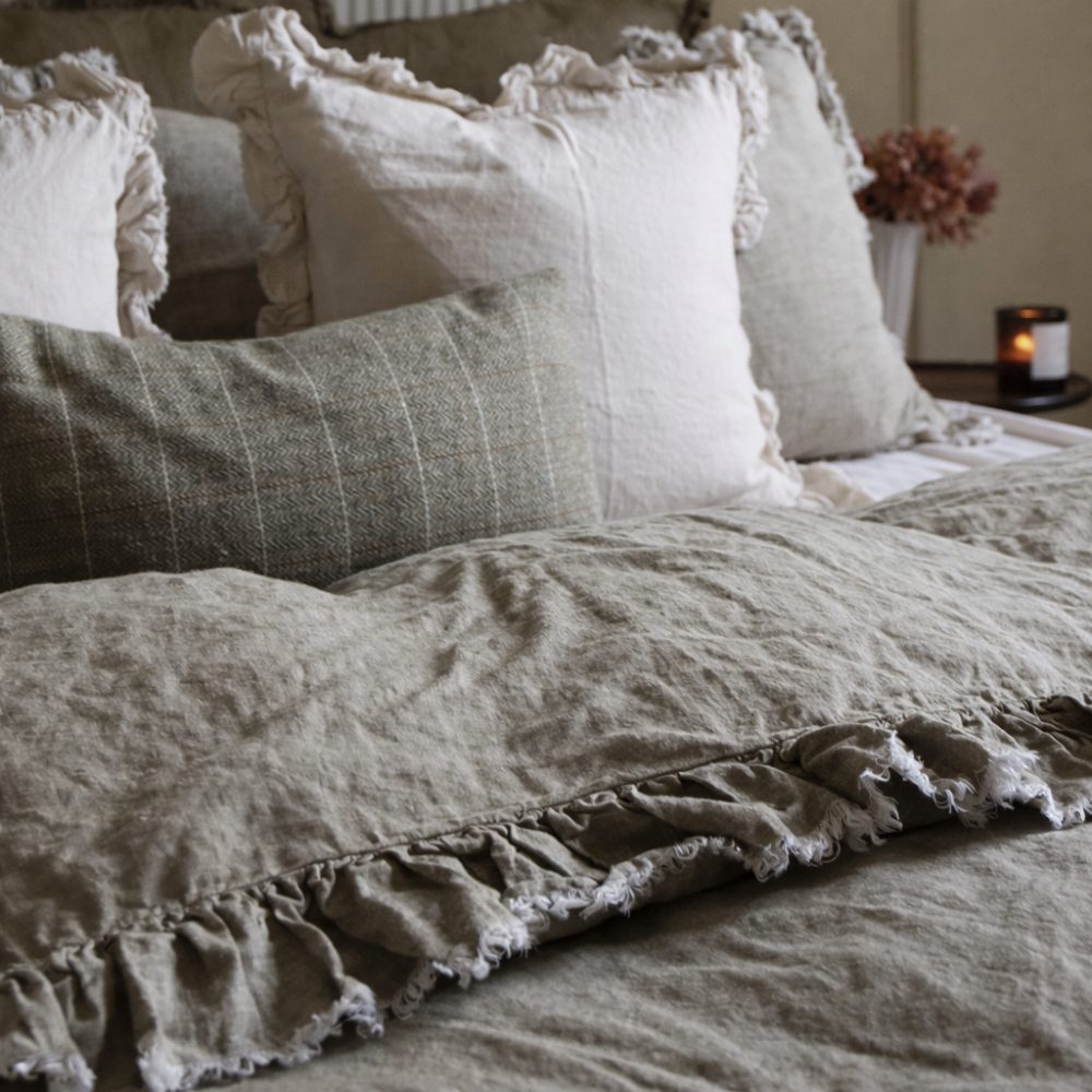 Luxury Washed Olive Ruffle Linen Bedding Set