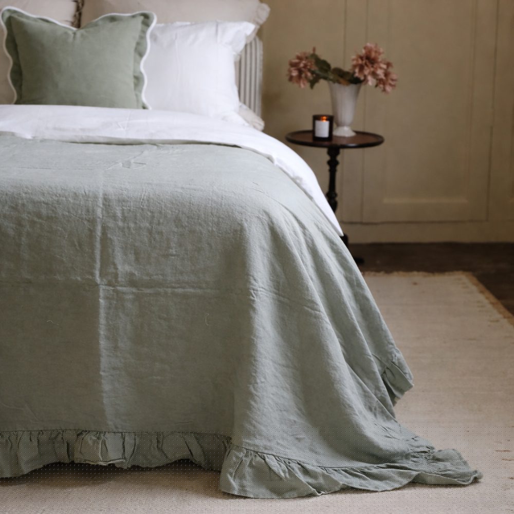 Sage Ruffle Linen Bedspread