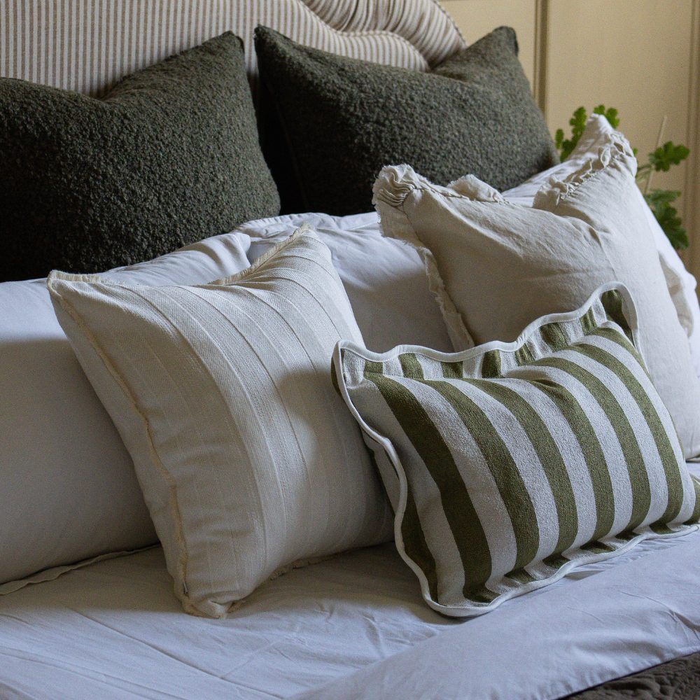Chloe Olive Green Stripe Scalloped Edge Cushion 50x30