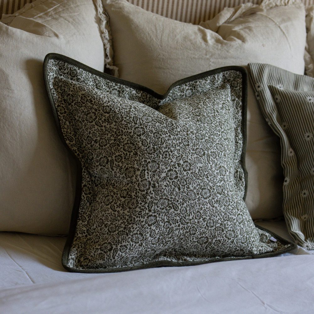 Fleur Olive Green Floral Flanged Edge Cushion 45x45